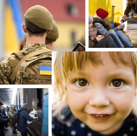Collage of photos with soldiers, people, kids and refugees